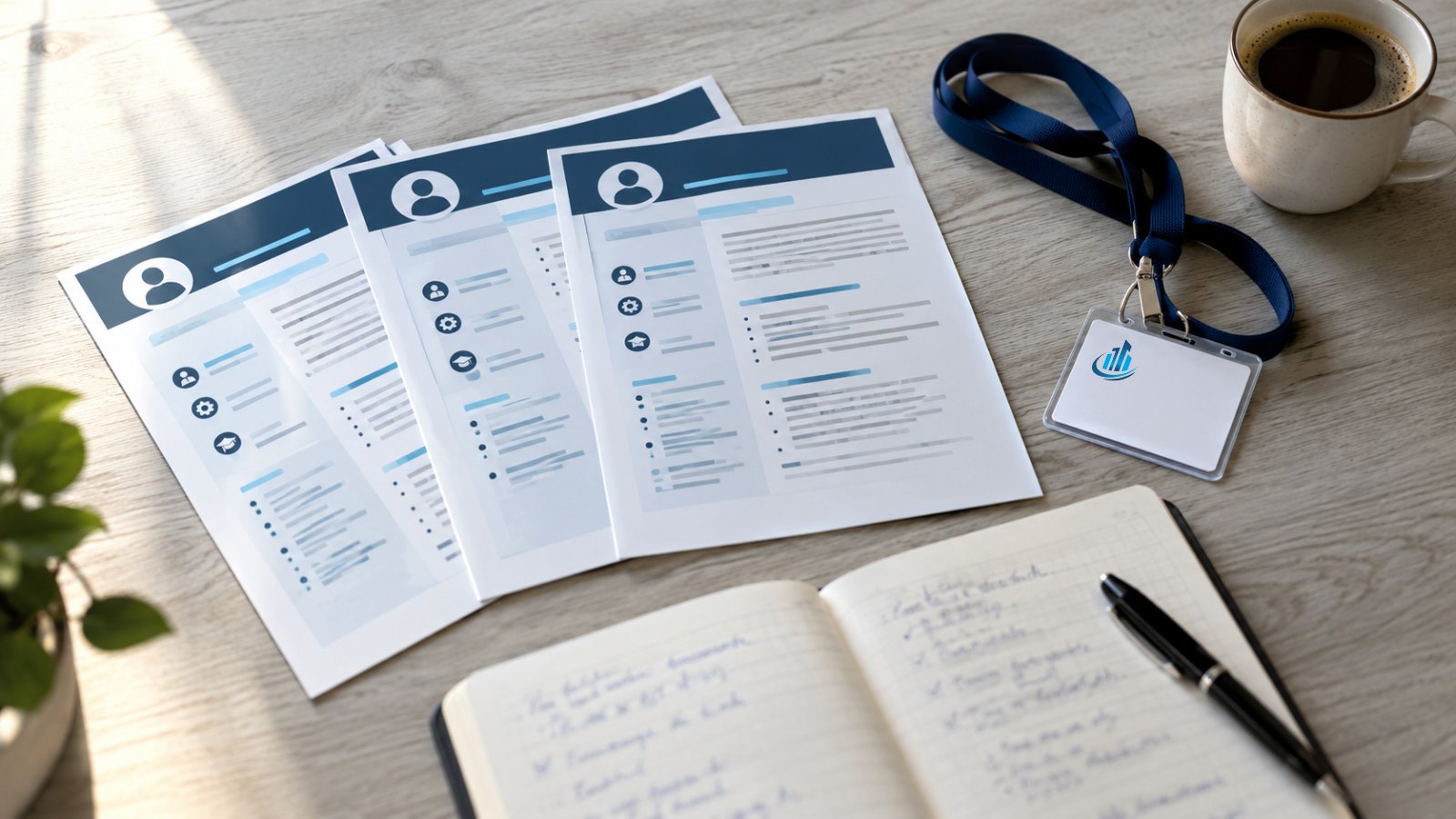 Fiches de poste imprimées, badge d'accueil et carnet de notes posés sur un bureau